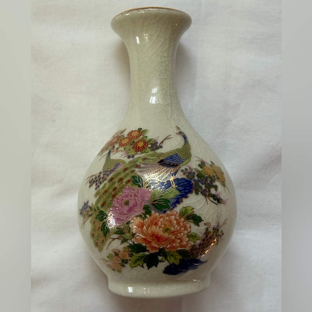 Vtg Japan Satsuma-style porcelain vase peacock and floral crackle glaze Interpur